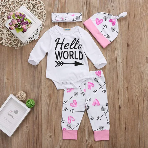 Vista 2 de Conjunto de 3 piezas de ropa para bebé recién nacido, estampado de Hello World, manga larga, pantalones largos, gorro, conjunto de 3 piezas