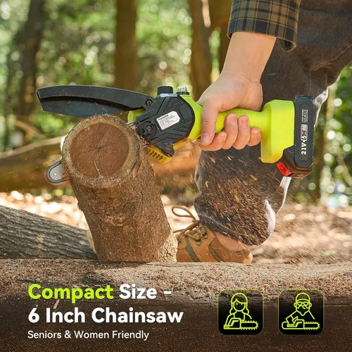 Vista 5 de Supstable Mini motosierra inalámbrica de 6 pulgadas, motosierra eléctrica de mano con batería de 2000 mAh con engrasador automático, diseño ligero