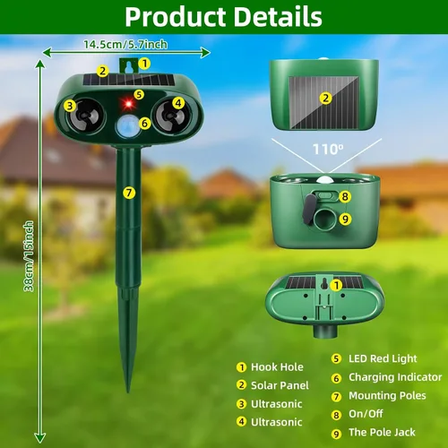 Vista 4 de Repelente solar ultrasónico de animales para exteriores, paquete de 4 dispositivos repelentes de osos impermeables y disuasorio de gatos para patio