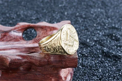 Vista 4 de IFUAQZ Anillos de acero inoxidable bañados en oro masónico masón para hombre, joyería clásica de Master Mason, Metal, Sin piedras preciosas