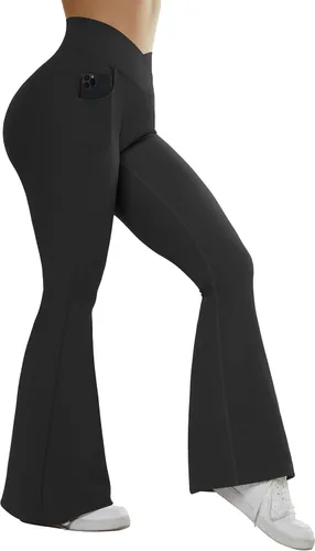 Vista 2 de MOOSLOVER Pantalones de yoga acanalados para mujer, con corte de bota, cintura alta, acampanados, leggings de entrenamiento