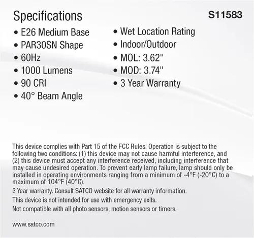 Vista 5 de Satco S11583; LED PAR30SN de 11 vatios; base media; acabado plateado; CCT seleccionable; 120 voltios; ángulo de haz de 40 grados