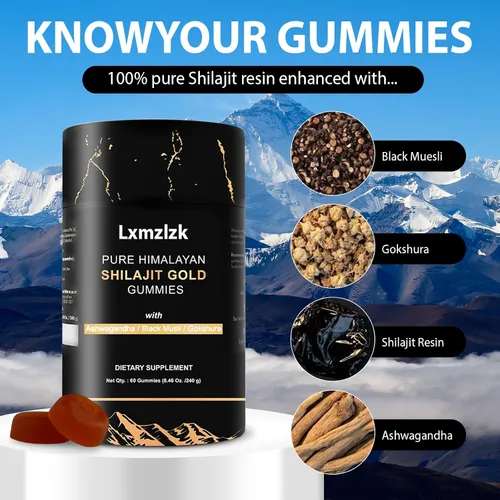 Vista 2 de Gomitas Shilajit puras del Himalaya doradas, Ashwagandha, Gokshura, ácido fúlvico y 85, refuerzo de energía y apoyo inmunológico, minerales traza