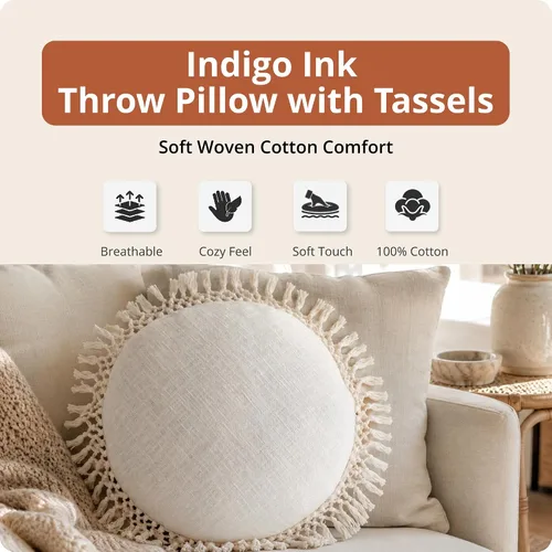 Vista 2 de Indigo Ink - Almohadas decorativas para sofá o cama, decoración bohemia del hogar, almohada redonda de algodón de 20 x 20 pulgadas con borlas