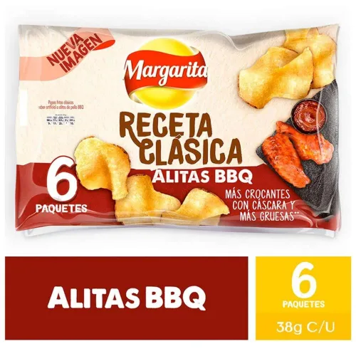 Vista 2 de Papas Margarita (paquete de 12) Patatas fritas extra crujientes alas BBQ y limón sabor a pimienta Papitas Margarita extra crocantes de Alitas BBQ
