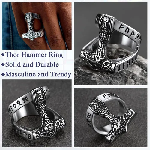 Vista 5 de FaithHeart Norse Viking Jewelry - Anillo de acero inoxidable de guerrero para hombre con diseño vikingo de cabeza de lobomartillo de Thor