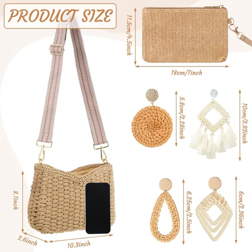Vista 5 de Sweetude Bolso de mano de paja para mujer, juego de aretes de ratán, bolsa de paja de verano, playa, bolso bohemio, cartera tejida para vacaciones