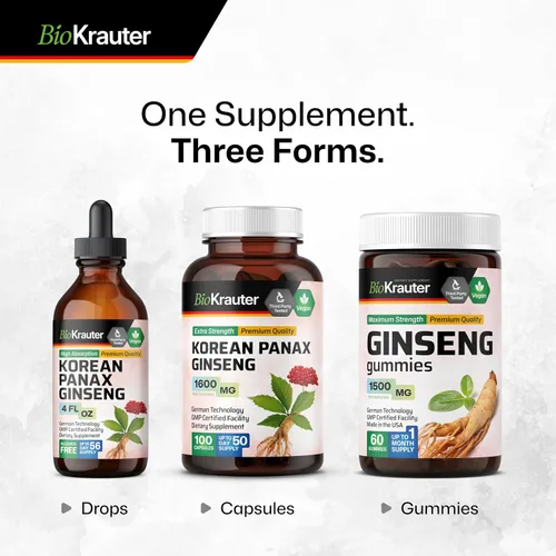 Vista 8 de BIO KRAUTER® Suplemento de ginseng para energía, concentración, rendimiento y apoyo inmunológico, ginseng rojo coreano vegano puro, 1600 mg por