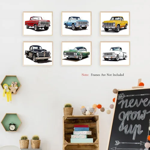 Vista 3 de MOCVSWO Impresiones artísticas clásicas para pared de auto, camioneta con acuarela, carteles, decoración de habitación de niños, decoración