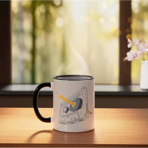 Vista 3 de Vintage Rewind Funny 80s 90s Cassette Pencil Gift Men Women Ceramic Mug, Black/White
