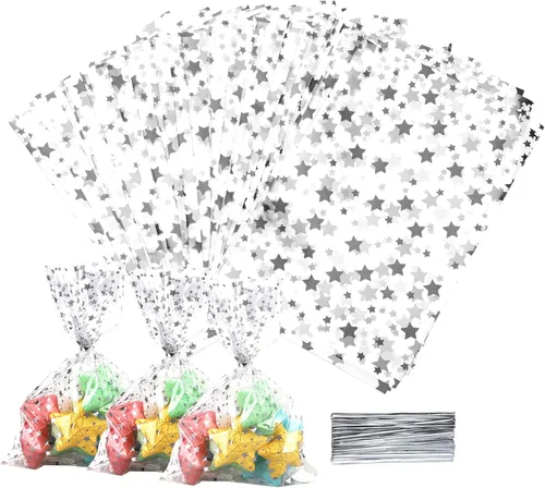 Vista 10 de 100 bolsas de regalo con estampado de estrellas de 3 x 5 pulgadas, bolsas de regalo de celofán, bolsas de regalo de celofán, bolsas de regalo