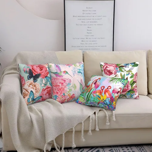 Vista 3 de Juego de 4 fundas de almohada de flamencos tropicales y flores rosadas, 18 x 18 pulgadas, diseño de peonías florales de mariposa, fundas de almohada