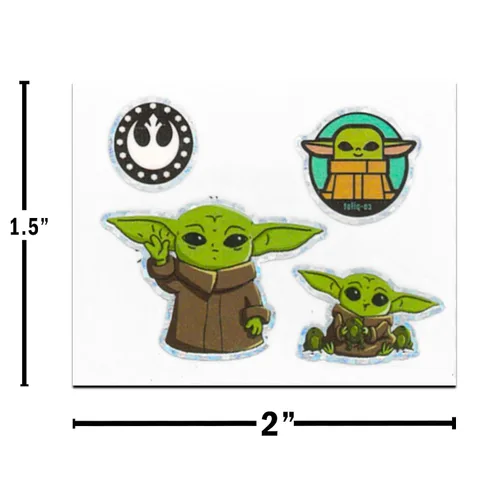 Vista 2 de Baby Yoda - Juego de tatuajes temporales para niños, paquete de recuerdos de fiesta de Star Wars con 96 tatuajes temporales para bolsas de golosinas