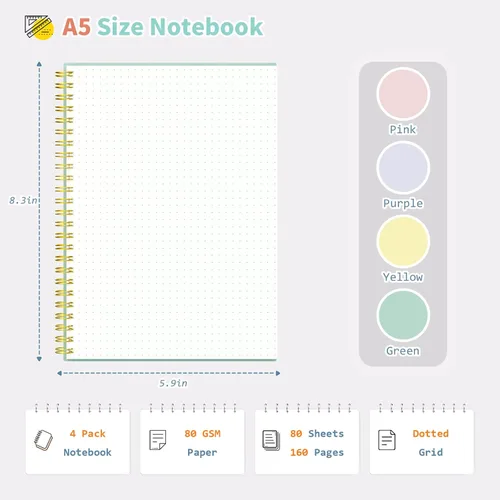 Vista 2 de Umriox Cuaderno Pequeño en Espiral, Paquete de 4 Cuadernos de Espiral Punteado A5 de 5.9" x 8.3" Papel de Cuadrícula de Puntos 160 Páginas, Cuaderno