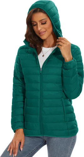 Vista 3 de MAGCOMSEN Chaqueta acolchada con capucha para mujer, ligera, acolchada, con 4 bolsillos, con cremallera, ropa cálida para invierno