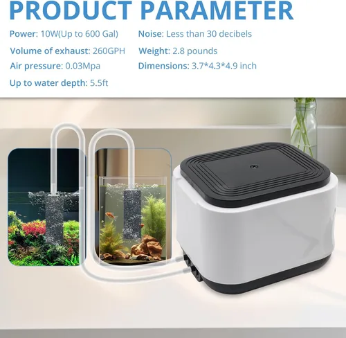 Vista 5 de Aquarium Air Pump for Fish Tank, 2 Outlets Adjustable Bubbler, Ultra Quiet & Powerful (3W/5W/10W), Includes Air Stones/Tubing/Check Valve