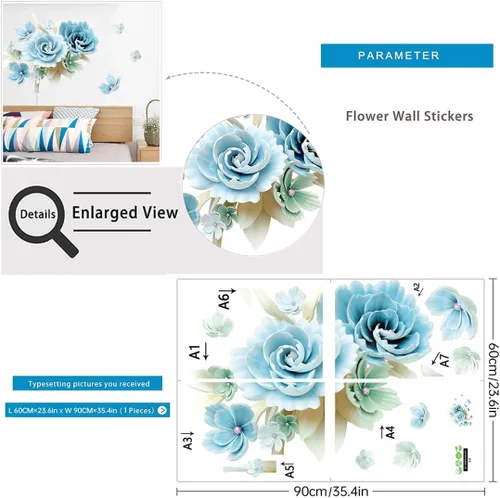Vista 7 de Calcomanías de pared con diseño floral azul, para despegar y pegar, calcomanías de pared extraíbles para dormitorio, sala de estar, hogar, sofá