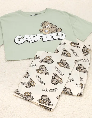 Vista 5 de Garfield Pijama para mujer Camiseta verde perezosa para adultos y mujeres con pantalones largos color crema, mercancía de película