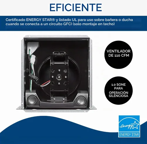 Vista 4 de Broan-NuTone Ventilador de ventilación con altavoz Bluetooth SPK110, certificado ENERGY STAR, 110 CFM, 1.0 Sones, blanco