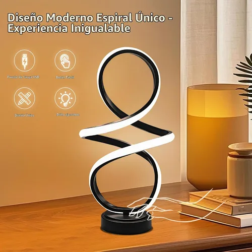 Vista 5 de Lámpara de mesa pequeña moderna con diseño espiral LED, lámpara de mesita NEGRO MATE