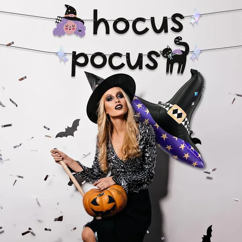 Vista 3 de HOUSE OF PARTY Hocus Pocus, pancarta de Halloween y globo de sombrero de bruja, decoración perfecta para fiestas de Halloween en interiores