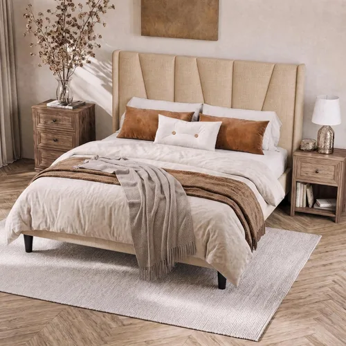 Vista 8 de SHA CERLIN Base de cama tapizada Queen con cabecero, color beige