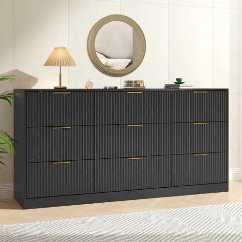 Vista 20 de Cómoda negra con 6 cajones profundos, cómoda acanalada de 55" de ancho para dormitorio con tirador dorado, cómoda moderna para armario, dormitorio