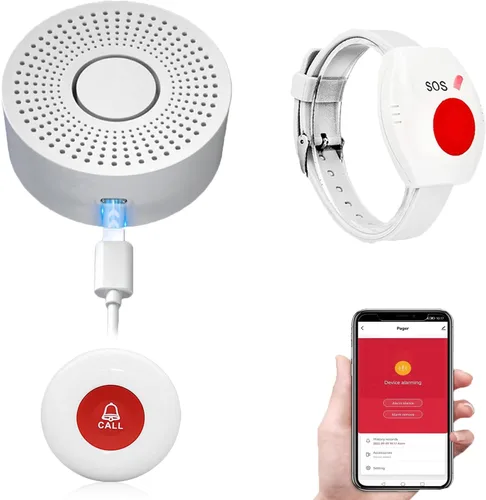 Vista 8 de Buscapersonas con WiFi para cuidadores, botón de llamada, alarma inalámbrica para enfermeras, campana de llamada, localizador de alerta