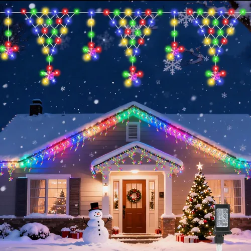 Vista 8 de Luces de Navidad para exteriores, 218 luces LED de cortina de Navidad de 13.8 pies, decoraciones de balcón al aire libre con 12 gotas de estrellas