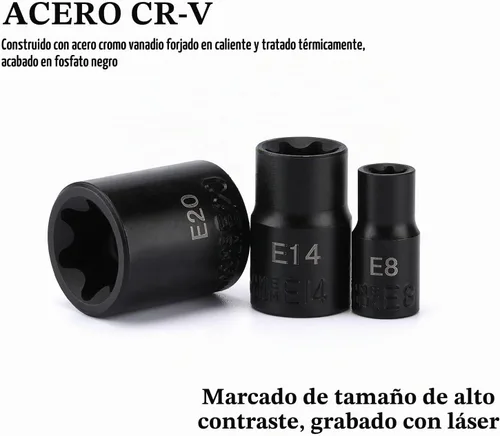 Vista 3 de EMENTOL Juego de llaves de vaso E-Torx con riel, CR-V, 1/4" y 3/8" Drive, hembra Torx Star Socket Set, E4 - E20