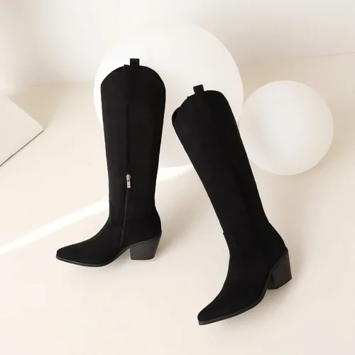 Vista 2 de Reitoye Botas vaqueras para mujer, bordadas, vaquera occidental, botas de tacón alto y grueso, con pestañas para tirar