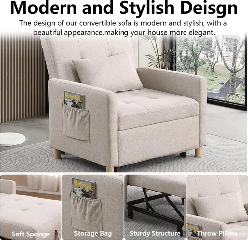 Vista 3 de Silla de cama convertible, sofá cama extraíble con respaldo ajustable, tela de lino, silla convertible con bolsillo lateral para sala de estar