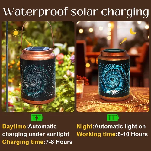 Vista 2 de Linternas solares para colgar al aire libre, linterna LED impermeable de metal con energía solar, decoración de patio, linterna con asa, idea