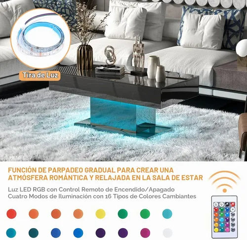 Vista 6 de HedoAjim - Mesa de café LED para sala de estar, mesa rectangular central de sala de estar, mesas de café modernas de madera con alto brillo y luces