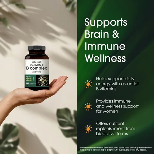 Vista 4 de NatureBell Methylated B Complex Vitaminas – 240 cápsulas vegetarianas – Fórmula 12 en 1 de alta biodisponibilidad – para la salud inmunológica
