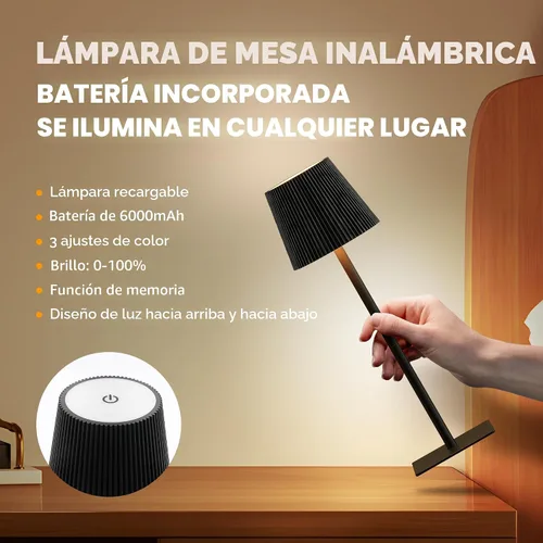 Vista 4 de LUTEC Paquete de 2 lámparas de mesa inalámbricas, lámpara de escritorio a batería recargable de 6000 mAh, dos alturas ajustables, impermeable, Negro