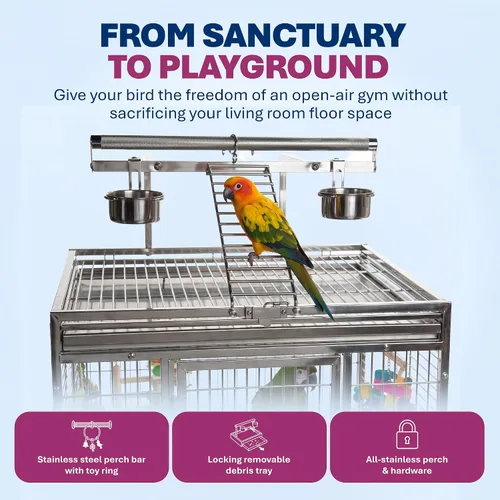 Vista 8 de Prevue Pet Products Jaula de acero inoxidable para pájaros, acero inoxidable, mediana Ideal para cacatúas, cuáqueros, conures verdes de mejillas