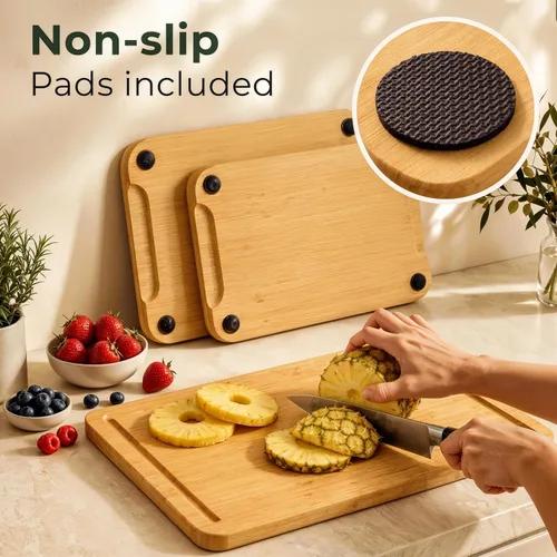Vista 5 de Juego de tablas de cortar de bambú de 3 piezas - Tablas de cortar de madera gruesas y duraderas con ranuras profundas para jugo y asas incorporadas