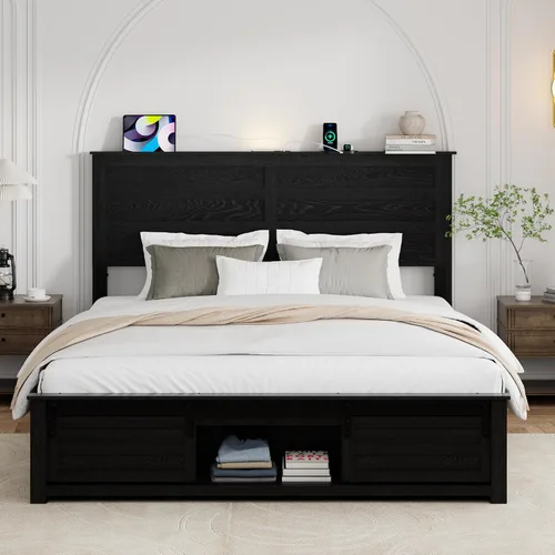 Vista 7 de Base de cama tamaño matrimonial con cabecero de madera, estructura de cama de plataforma de madera con estribo de puerta corrediza de granero