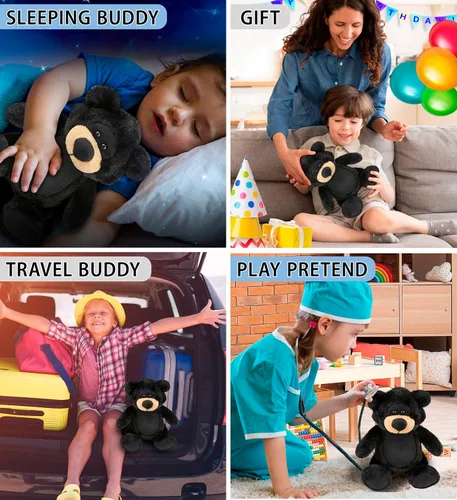 Vista 4 de DolliBu Oso negro de peluche, oso negro suave y abrazable, adorable juguete de peluche de oso para jugar, lindo regalo de vida salvaje para niños