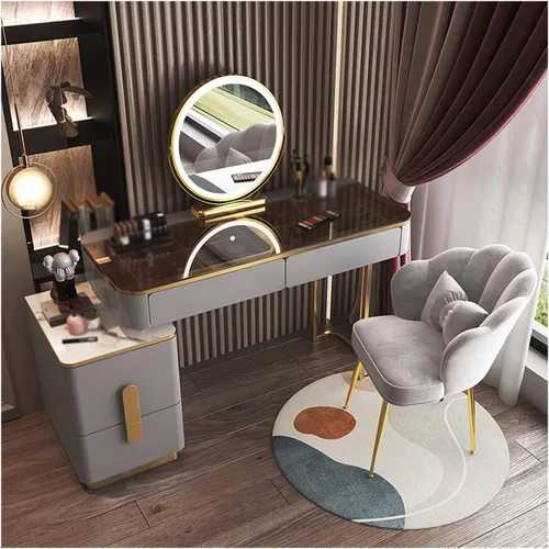 Vista 7 de Tocador de maquillaje, mesa de cristal, tocador, moderno, simple, avanzado, de madera, para dormitorio, almacenamiento, tocador, espejo inteligente
