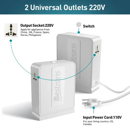 Vista 3 de Transformador elevador de 2000 W, convertidor de 110 V a 220 V, convertidor de voltaje resistente de 110 V-120 V a 220 V-240 V con dos tomas, Blanco