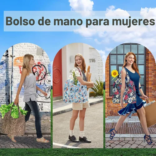Vista 5 de Paquete de 6 bolsas de comestibles reutilizables resistentes con asas, bolsas de compras reutilizables para mujeres, plegables, lavables