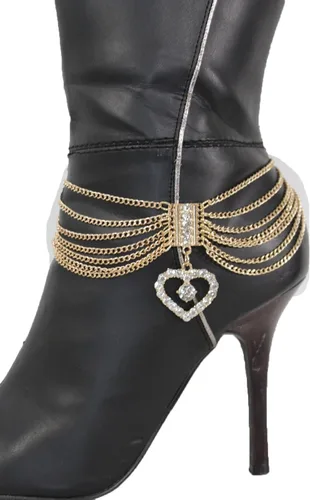 Vista 6 de TFJ - Pulsera de cadena para botas de moda occidental para mujer, diseño de metal dorado, con dije de corazón