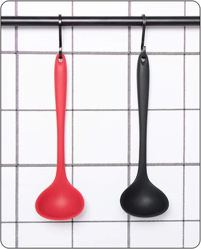 Vista 7 de Juego de 2 cucharones de silicona para sopa, antiadherentes, resistentes al calor, mango largo, irrompible, grande, redonda, para cocina en casa