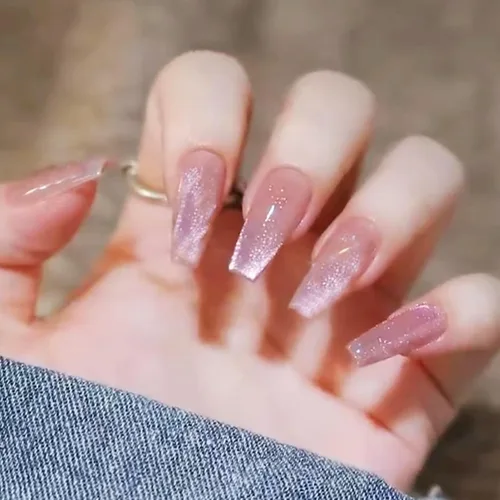 Vista 18 de Uñas postizas a presión largas, con brillo azul y diseño, acabado acrílico brillante, de cobertura completa, uñas postizas reutilizables para l002