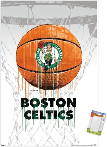 Vista 10 de Trends International NBA Boston Celtics - Póster de pared Drip Ball 20, 14.725 x 22.375 pulgadas, versión enmarcada de madera de granero Versión