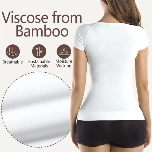 Vista 2 de +MD Camiseta de compresión de manga corta para mujer, con cuello redondo, camiseta básica sin costuras