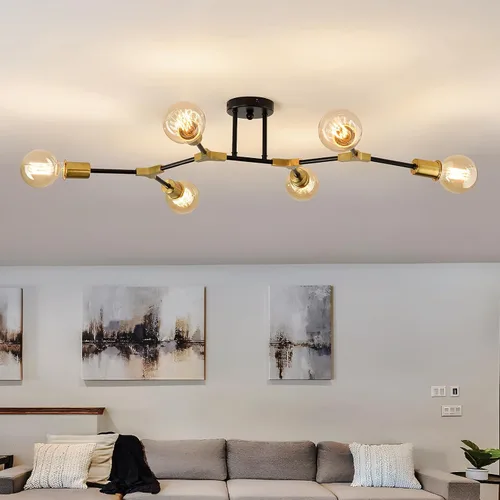 Vista 12 de Accesorio de Lámpara de Techo Industrial Semiempotrada de 4 Luces, Candelabro Sputnik Moderno de Metal Negro con Base de Bombilla E26, Luz Pegada al