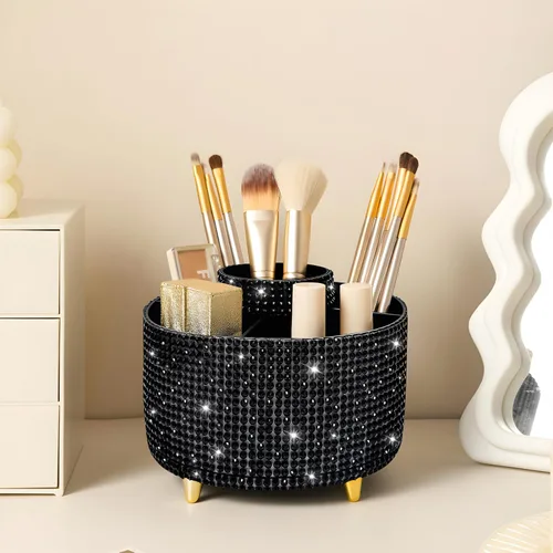 Vista 13 de Organizador para brochas de maquillaje, organizador de brochas de maquillaje giratorio 360°, taza con 5 ranuras para brochas de maquillaje